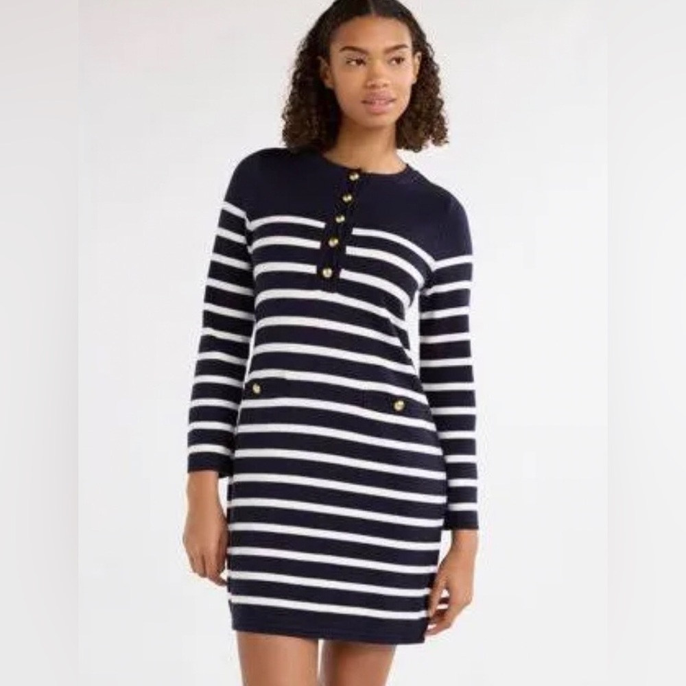 Striped Navy and White Button-Front Mini Dress